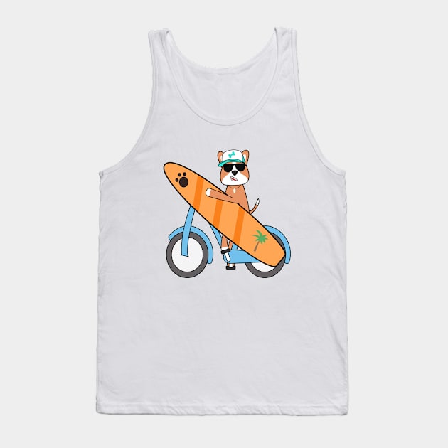 Kawaii surfer dog cycling and holding a surfboard Tank Top by Ralph Hovsepian